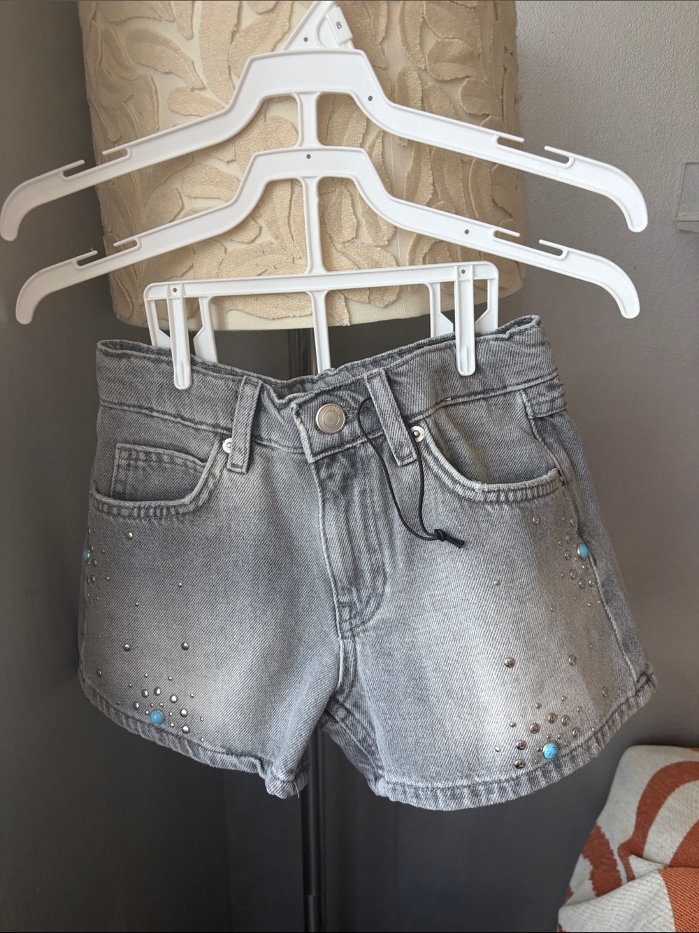 Zara Gray Denim Shorts with Studs and Turquoise Accents